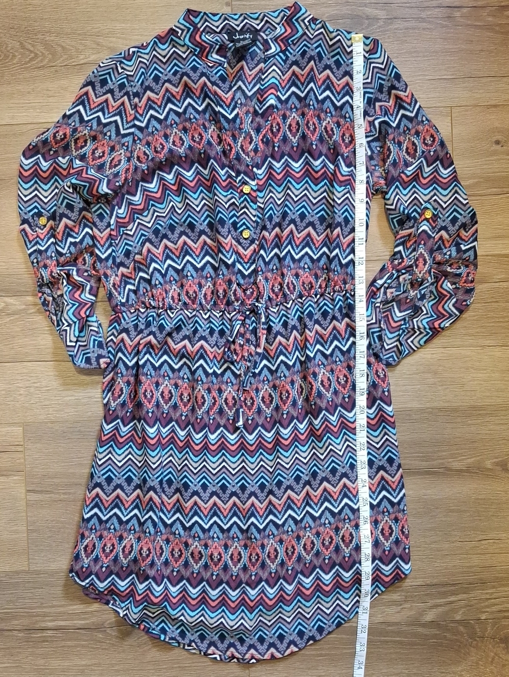 Justify Chevron Aztec Print Drawstring Shirt Dress - Navy, Coral, White